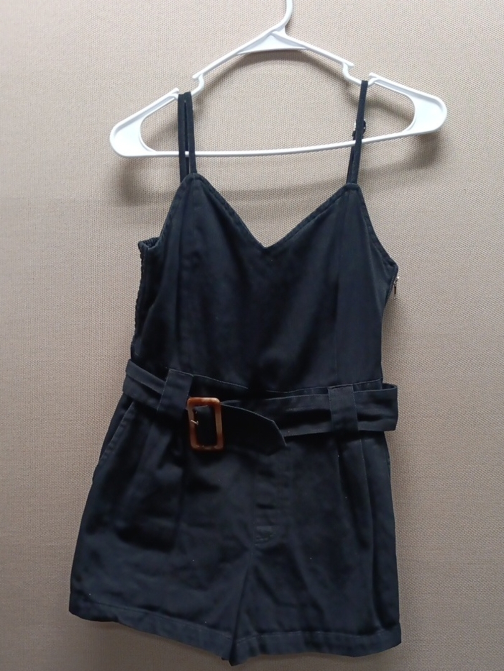 Olivaceous Denim Black V‑Neck Sleeveless Belted Romper with Brown Buckle